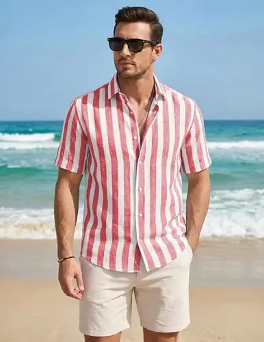 JMIERR Men's Casual Stylish Short Sleeve Button-Up Striped Dress Shirt Cotton Beach Shirts - JMIERR (1)