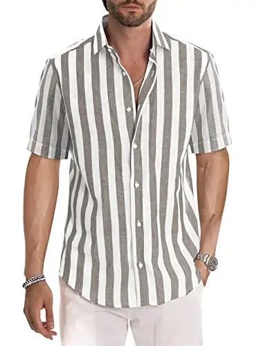 JMIERR Men's Casual Stylish Short Sleeve Button-Up Striped Dress Shirt Cotton Beach Shirts - 1