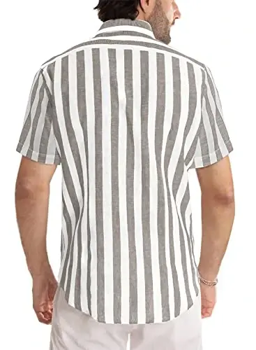 JMIERR Men's Casual Stylish Short Sleeve Button-Up Striped Dress Shirt Cotton Beach Shirts - 4