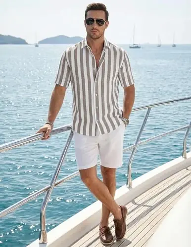 JMIERR Men's Casual Stylish Short Sleeve Button-Up Striped Dress Shirt Cotton Beach Shirts - 5
