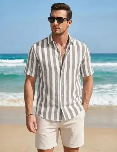 JMIERR Men's Casual Stylish Short Sleeve Button-Up Striped Dress Shirt Cotton Beach Shirts - JMIERR (1)