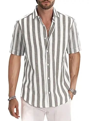 JMIERR Men's Casual Stylish Short Sleeve Button-Up Striped Dress Shirt Cotton Beach Shirts - JMIERR