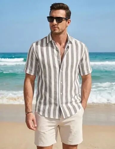 JMIERR Men's Casual Stylish Short Sleeve Button-Up Striped Dress Shirt Cotton Beach Shirts - JMIERR (1)