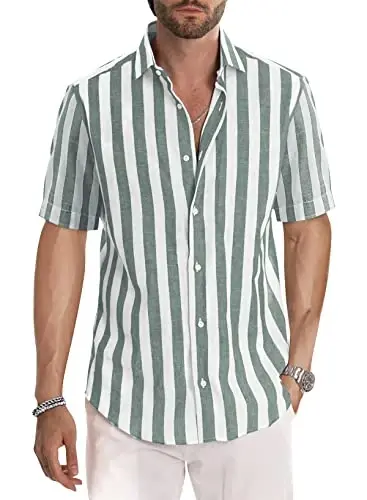 JMIERR Men's Casual Stylish Short Sleeve Button-Up Striped Dress Shirt Cotton Beach Shirts - 1