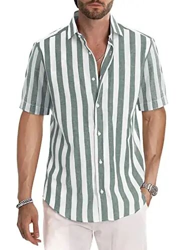 JMIERR Men's Casual Stylish Short Sleeve Button-Up Striped Dress Shirt Cotton Beach Shirts - JMIERR