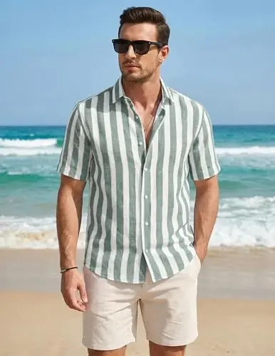 JMIERR Men's Casual Stylish Short Sleeve Button-Up Striped Dress Shirt Cotton Beach Shirts - 2