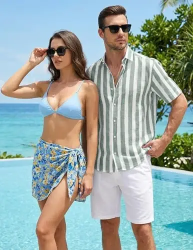 JMIERR Men's Casual Stylish Short Sleeve Button-Up Striped Dress Shirt Cotton Beach Shirts - 3