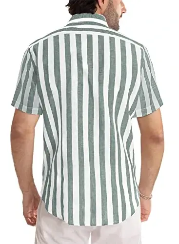 JMIERR Men's Casual Stylish Short Sleeve Button-Up Striped Dress Shirt Cotton Beach Shirts - 4