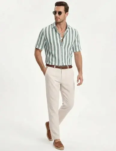 JMIERR Men's Casual Stylish Short Sleeve Button-Up Striped Dress Shirt Cotton Beach Shirts - 6