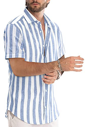 JMIERR Men's Casual Stylish Short Sleeve Button-Up Striped Dress Shirts Cotton Beach Shirt - 2