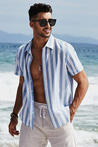 JMIERR Men's Casual Stylish Short Sleeve Button-Up Striped Dress Shirts Cotton Beach Shirt - 4