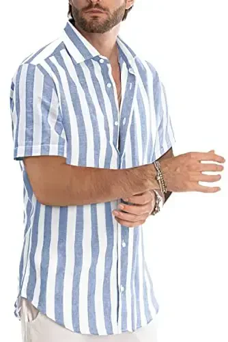 JMIERR Men's Casual Stylish Short Sleeve Button-Up Striped Dress Shirts Cotton Beach Shirt - MODAZONE (1)
