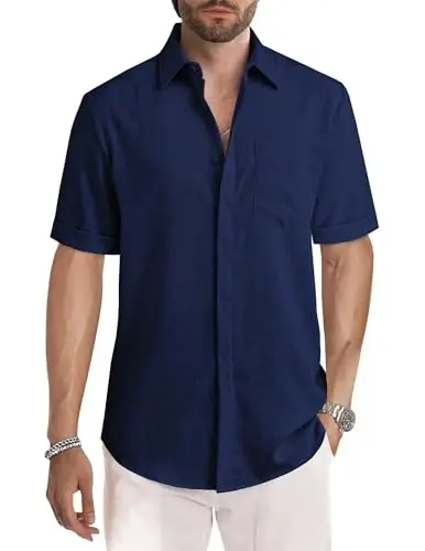 JMIERR Men's Casual Stylish Short Sleeve Button-Up Striped Dress Shirts Cotton Beach Shirt 