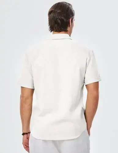 JMIERR Men's Casual Stylish Short Sleeve Button-Up Striped Dress Shirts Cotton Beach Shirt - 2