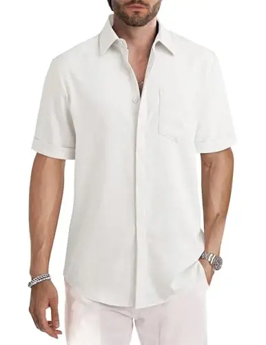 JMIERR Men's Casual Stylish Short Sleeve Button-Up Striped Dress Shirts Cotton Beach Shirt - 1