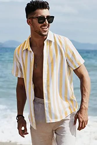 JMIERR Men's Casual Stylish Short Sleeve Button-Up Striped Dress Shirts Cotton Beach Shirt - 3
