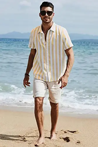 JMIERR Men's Casual Stylish Short Sleeve Button-Up Striped Dress Shirts Cotton Beach Shirt - 4