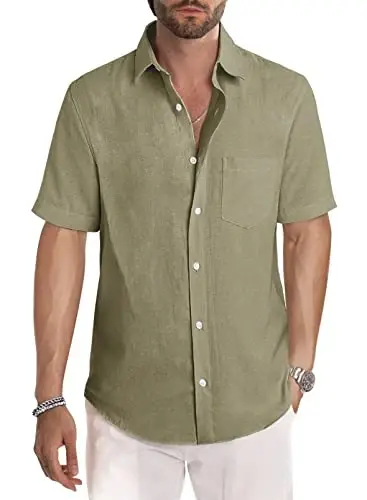 JMIERR Men's Casual Stylish Short Sleeve Button-Up Striped Dress Shirts Cotton Beach Shirt - 1