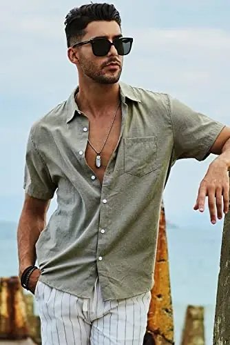 JMIERR Men's Casual Stylish Short Sleeve Button-Up Striped Dress Shirts Cotton Beach Shirt - 5