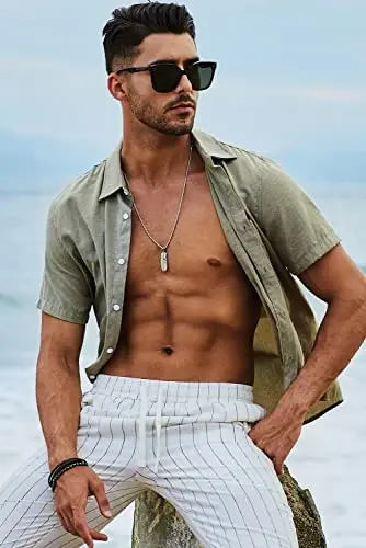 JMIERR Men's Casual Stylish Short Sleeve Button-Up Striped Dress Shirts Cotton Beach Shirt - 6