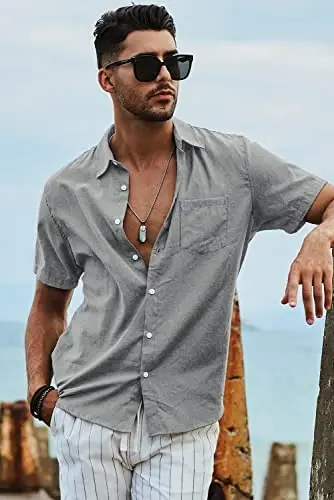 JMIERR Men's Casual Stylish Short Sleeve Button-Up Striped Dress Shirts Cotton Beach Shirt - 5