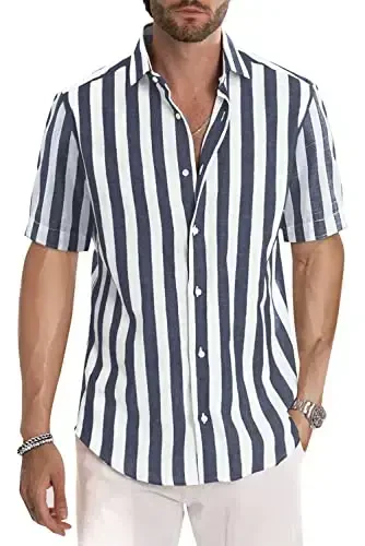 JMIERR Men's Casual Stylish Short Sleeve Button-Up Striped Dress Shirts Cotton Beach Shirt 