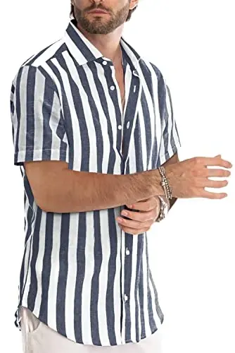 JMIERR Men's Casual Stylish Short Sleeve Button-Up Striped Dress Shirts Cotton Beach Shirt - 2
