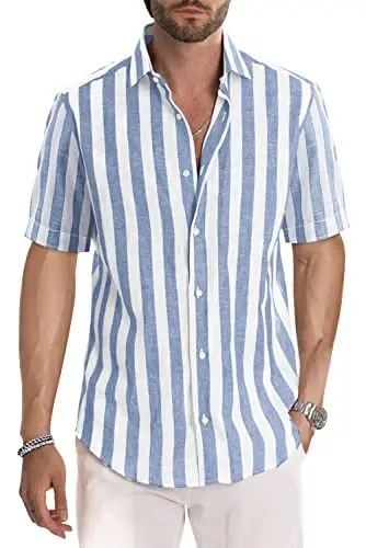 JMIERR Men's Casual Stylish Short Sleeve Button-Up Striped Dress Shirts Cotton Beach Shirt - MODAZONE