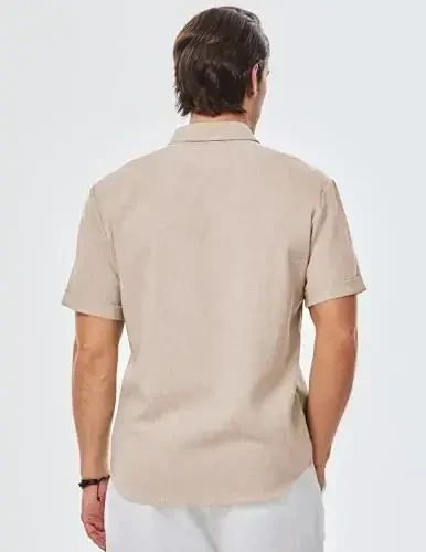 JMIERR Men's Casual Stylish Short Sleeve Button-Up Striped Dress Shirts Cotton Beach Shirt - 2