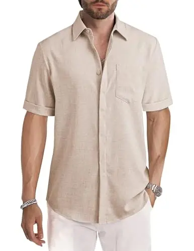 JMIERR Men's Casual Stylish Short Sleeve Button-Up Striped Dress Shirts Cotton Beach Shirt - 1