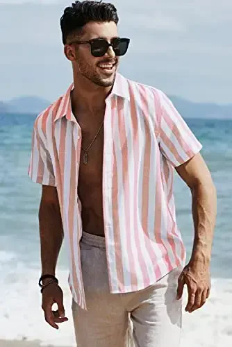 JMIERR Men's Casual Stylish Short Sleeve Button-Up Striped Dress Shirts Cotton Beach Shirt - 3