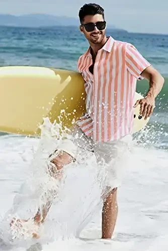 JMIERR Men's Casual Stylish Short Sleeve Button-Up Striped Dress Shirts Cotton Beach Shirt - 5