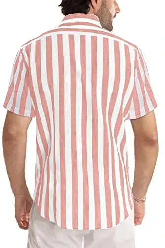JMIERR Men's Casual Stylish Short Sleeve Button-Up Striped Dress Shirts Cotton Beach Shirt - 2