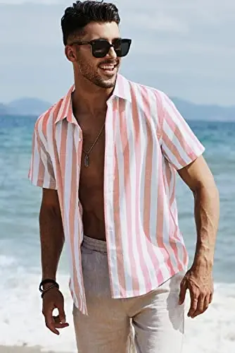JMIERR Men's Casual Stylish Short Sleeve Button-Up Striped Dress Shirts Cotton Beach Shirt - 3