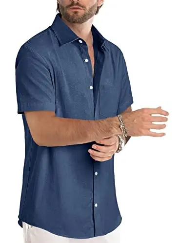JMIERR Men's Casual Stylish Short Sleeve Button-Up Striped Dress Shirts Cotton Beach Shirt - 3