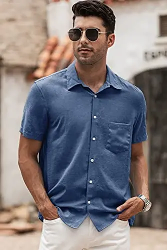 JMIERR Men's Casual Stylish Short Sleeve Button-Up Striped Dress Shirts Cotton Beach Shirt - 5