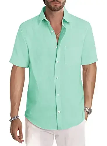 JMIERR Men's Casual Stylish Short Sleeve Button-Up Striped Dress Shirts Cotton Beach Shirt - 1