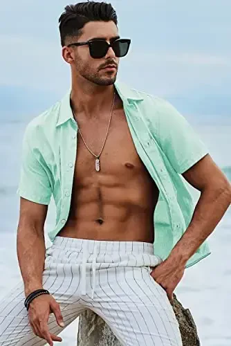 JMIERR Men's Casual Stylish Short Sleeve Button-Up Striped Dress Shirts Cotton Beach Shirt - 6