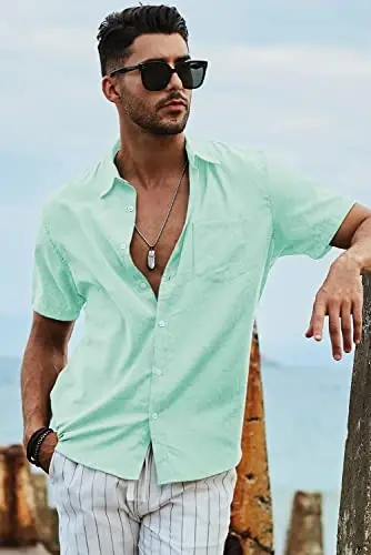 JMIERR Men's Casual Stylish Short Sleeve Button-Up Striped Dress Shirts Cotton Beach Shirt - 5