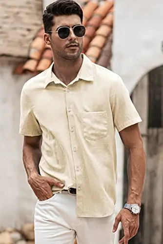 JMIERR Men's Casual Stylish Short Sleeve Button-Up Striped Dress Shirts Cotton Beach Shirt - 5