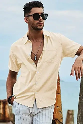 JMIERR Men's Casual Stylish Short Sleeve Button-Up Striped Dress Shirts Cotton Beach Shirt - 6