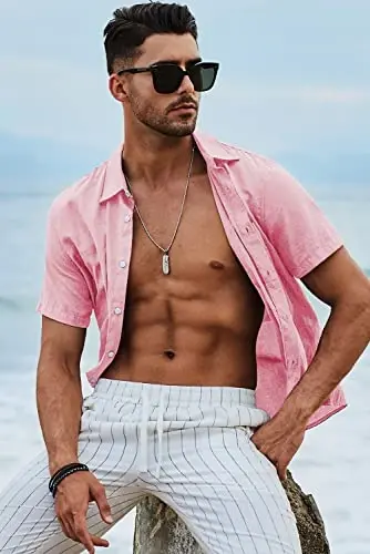 JMIERR Men's Casual Stylish Short Sleeve Button-Up Striped Dress Shirts Cotton Beach Shirt - 6