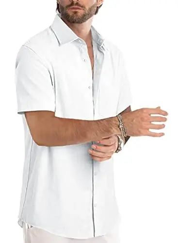 JMIERR Men's Casual Stylish Short Sleeve Button-Up Striped Dress Shirts Cotton Beach Shirt - 2