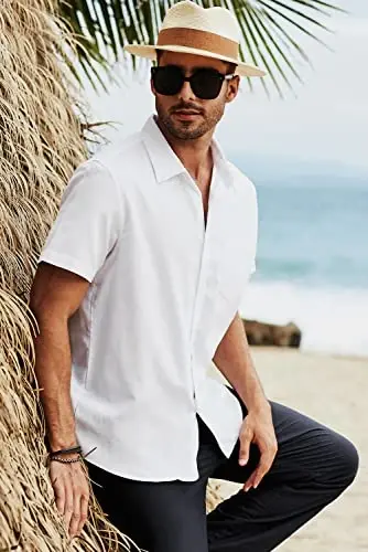 JMIERR Men's Casual Stylish Short Sleeve Button-Up Striped Dress Shirts Cotton Beach Shirt - 4