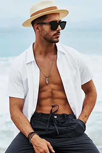 JMIERR Men's Casual Stylish Short Sleeve Button-Up Striped Dress Shirts Cotton Beach Shirt - 6