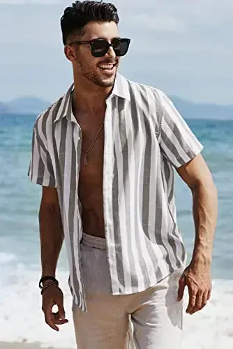 JMIERR Men's Casual Stylish Short Sleeve Button-Up Striped Dress Shirts Cotton Beach Shirt - 5