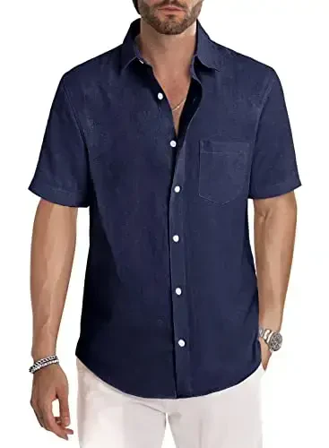 JMIERR Men's Casual Stylish Short Sleeve Button-Up Striped Dress Shirts Cotton Beach Shirt 