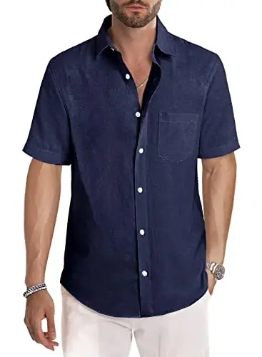 JMIERR Men's Casual Stylish Short Sleeve Button-Up Striped Dress Shirts Cotton Beach Shirt - 1