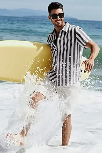 JMIERR Men's Casual Stylish Short Sleeve Button-Up Striped Dress Shirts Cotton Beach Shirt - 5