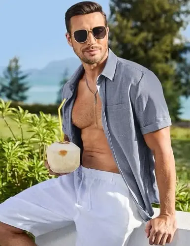 JMIERR Men's Casual Stylish Short Sleeve Button-Up Striped Dress Shirts Cotton Beach Shirt - 3